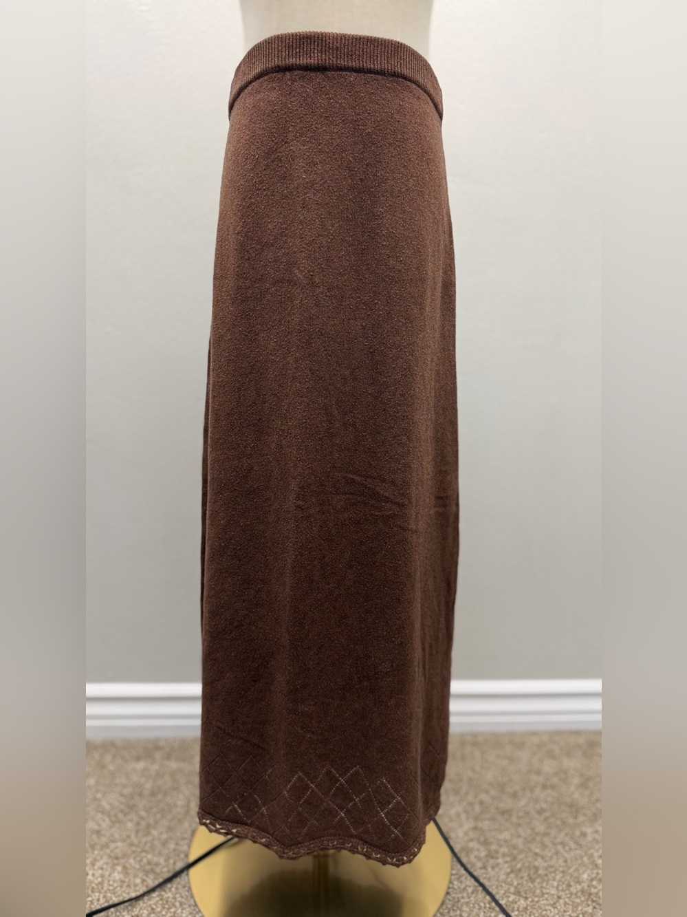 Isabella Bird Brown Silk Cashmere Knit Maxi Skirt XS Argyle Lace Hem